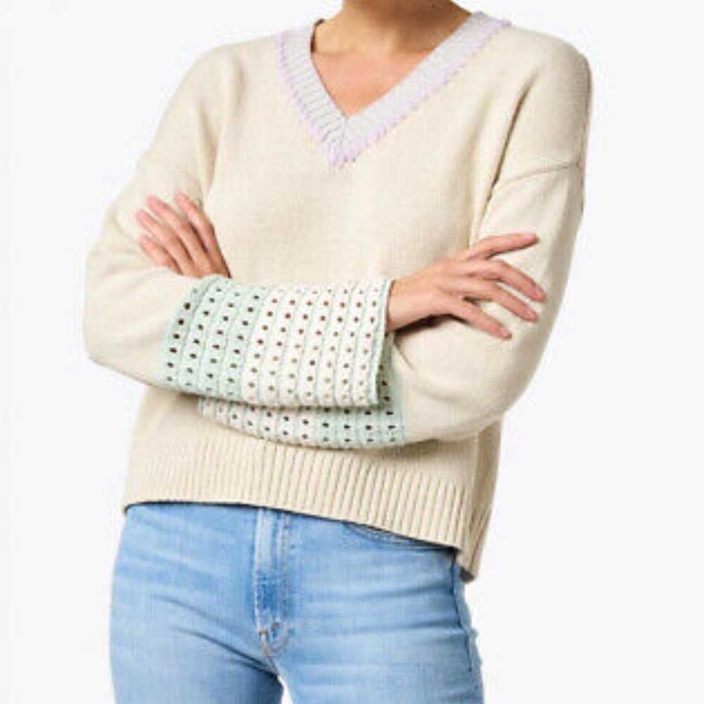 Lisa Todd Cream V-Neck Sweater with Pastel Accents
